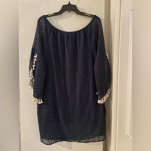 L: Pool Beach Coverup Swim Wear Kori America Navy Lace Bell Tassel Sleeves